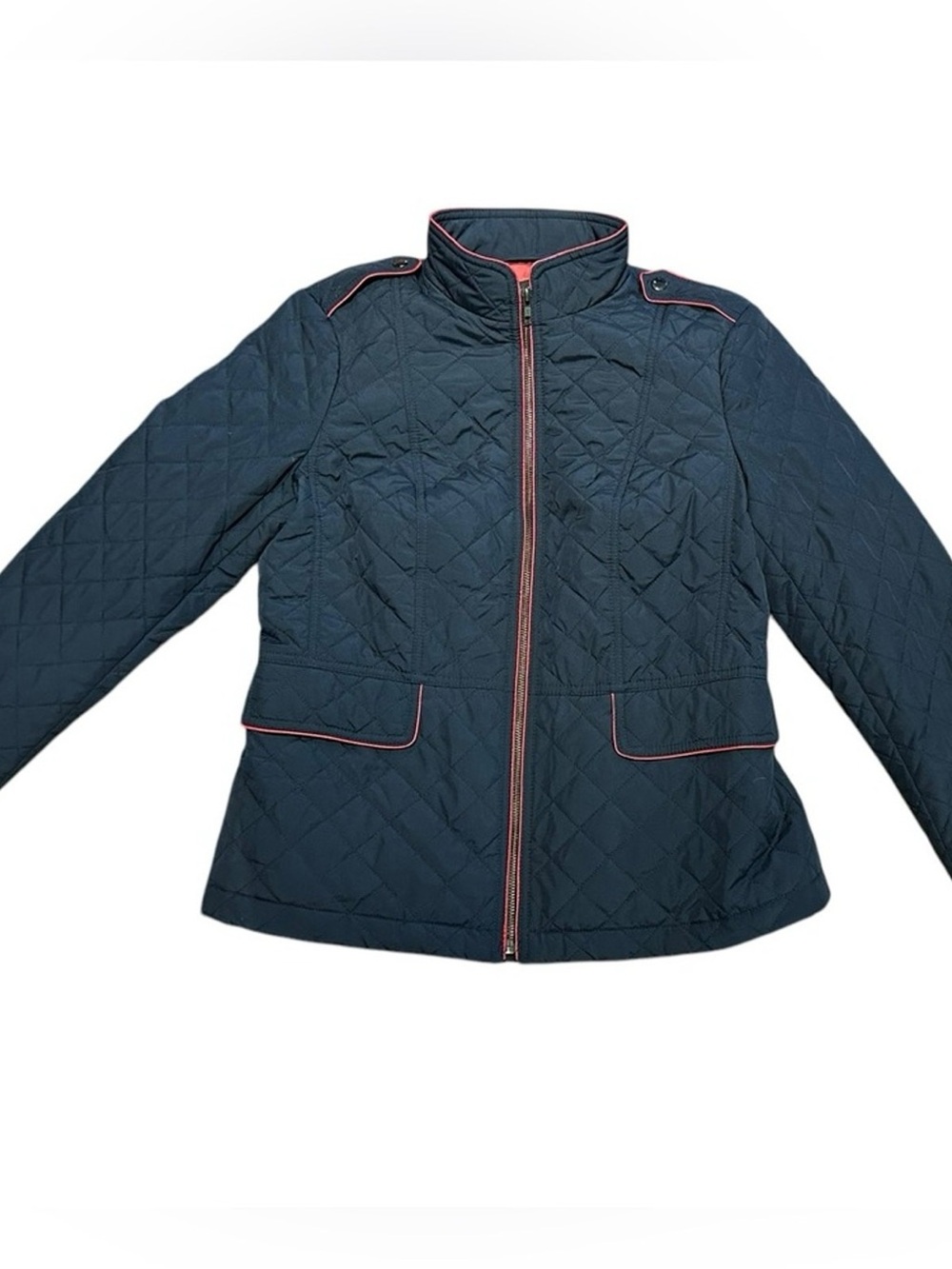 Women's Quilted Navy Jacket with Pink Trim
